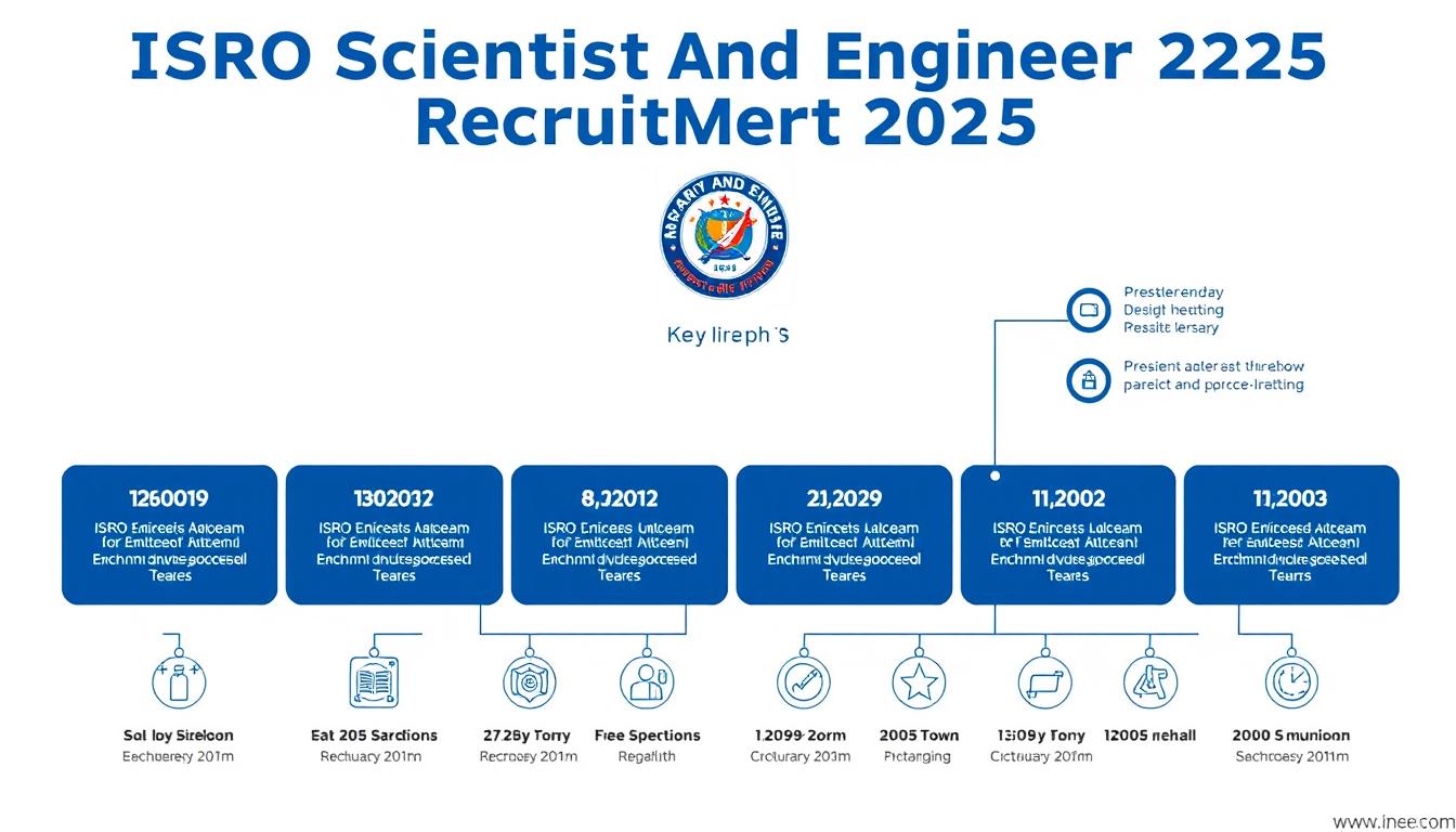 A vibrant and informative infographic showcasing the key dates for the upcoming ISRO Scientist and Engineer Recruitment 2025 process. The image features a sleek, modern design with clean typography and a color palette of blues and grays, creating a professional and authoritative atmosphere. The layout is balanced, with the important dates prominently displayed in the center, surrounded by neatly organized details and icons. The background has a subtle texture or gradient to provide depth and visual interest, while the overall composition guides the viewer's eye to the critical information. The image conveys a sense of importance and precision, reflecting the significance of the ISRO recruitment timeline.