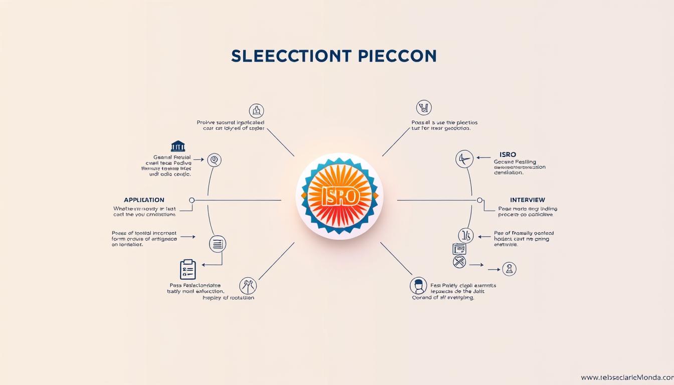 A detailed illustration of the ISRO selection process, showcasing the various stages and examinations candidates must navigate. Set against a crisp, clean background, the image depicts a central focal point of an ISRO insignia or logo, surrounded by intricate icons and infographic elements that visually convey the selection stages, from application to interview. The scene is illuminated by a warm, professional lighting scheme, capturing the gravity and importance of the ISRO recruitment process. The overall aesthetic is designed to be informative, visually engaging, and aligned with the ISRO brand identity.