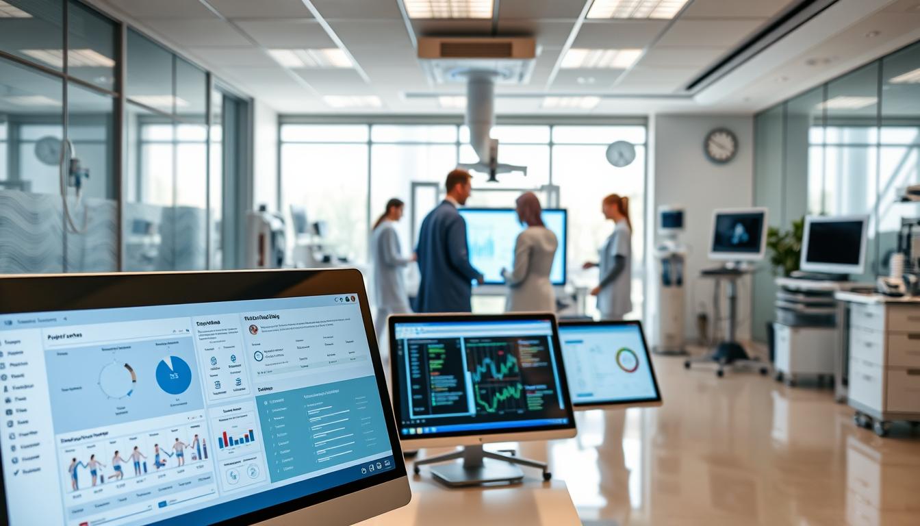 A sleek, modern medical office with an array of digital devices showcasing top AI-powered medical coding tools. In the foreground, a crisp display depicts medical coding software interfaces, with intuitive dashboards and streamlined workflows. In the middle ground, a team of medical professionals collaborates around a large touchscreen, analyzing patient data and optimizing code mapping. The background features state-of-the-art medical equipment and a calming, professional atmosphere enhanced by natural lighting filtering through large windows. The scene conveys efficiency, innovation, and the seamless integration of AI-driven technology in modern healthcare.