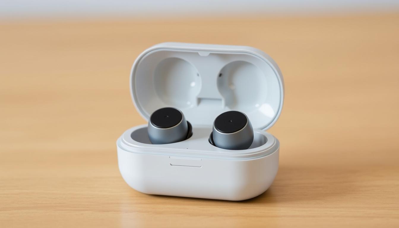 Generate an image of the Jabra Elite75t wireless earbuds in their charging case.