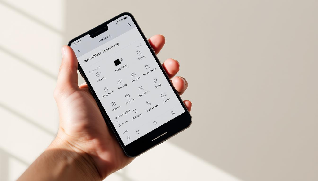 A high-resolution, realistic photograph of the Jabra Elite75t Companion App interface displayed on a smartphone screen. The screen shows the app's main dashboard with clear icons, intuitive controls, and a sleek, minimalist design. The smartphone is held in a human hand against a clean, neutral background, with natural lighting creating subtle shadows and highlights. The overall atmosphere conveys a sense of modern, high-quality technology paired with an easy-to-use, accessible mobile experience.
