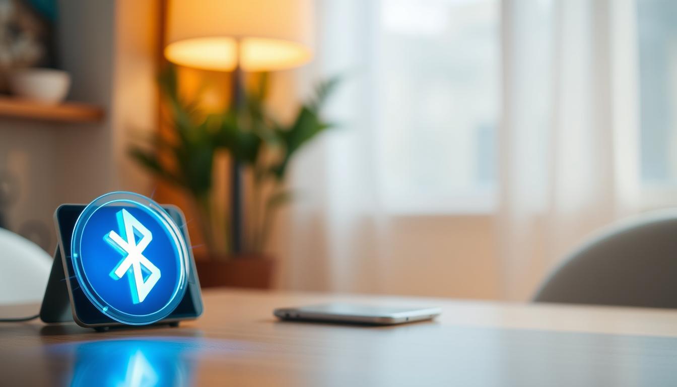 A serene, well-lit scene depicting a Bluetooth connection's stability. In the foreground, a transparent, glowing Bluetooth symbol hovers, its rays emanating a sense of reliable connectivity. The midground features a sleek, modern device, its screen displaying a stable connection status. The background depicts a softly blurred environment, conveying a tranquil atmosphere conducive to uninterrupted wireless communication. The lighting is warm and natural, providing a calming ambiance that reflects the dependable nature of the Bluetooth link. The overall composition highlights the seamless integration of wireless technology into everyday life.