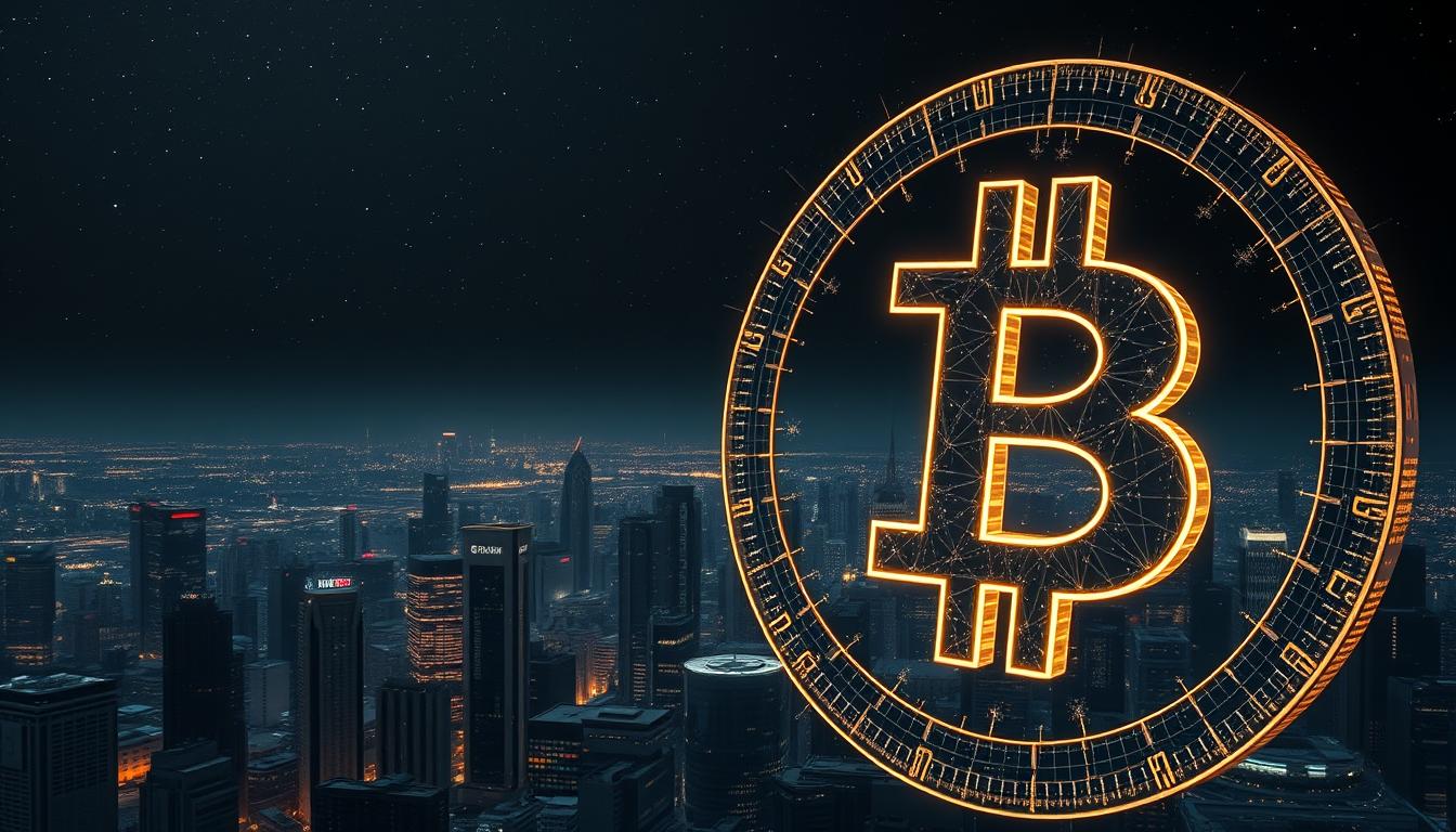 a surreal and cinematic rendering of the global finance landscape, with cryptocurrency as the central focus. In the foreground, a massive, translucent Bitcoin symbol casts an ethereal glow, its edges sparkling with digital energy. The middle ground features a panoramic view of skyscrapers, stock exchanges, and financial hubs, all interconnected by a complex web of data streams and transaction pathways. In the background, a starry night sky serves as a backdrop, hinting at the boundless potential of decentralized finance to transcend physical borders. The lighting is dramatic, with deep shadows and strategic highlights to convey a sense of power and dynamism. The overall composition is balanced and symmetrical, reflecting the delicate balance between traditional finance and the emerging crypto ecosystem.