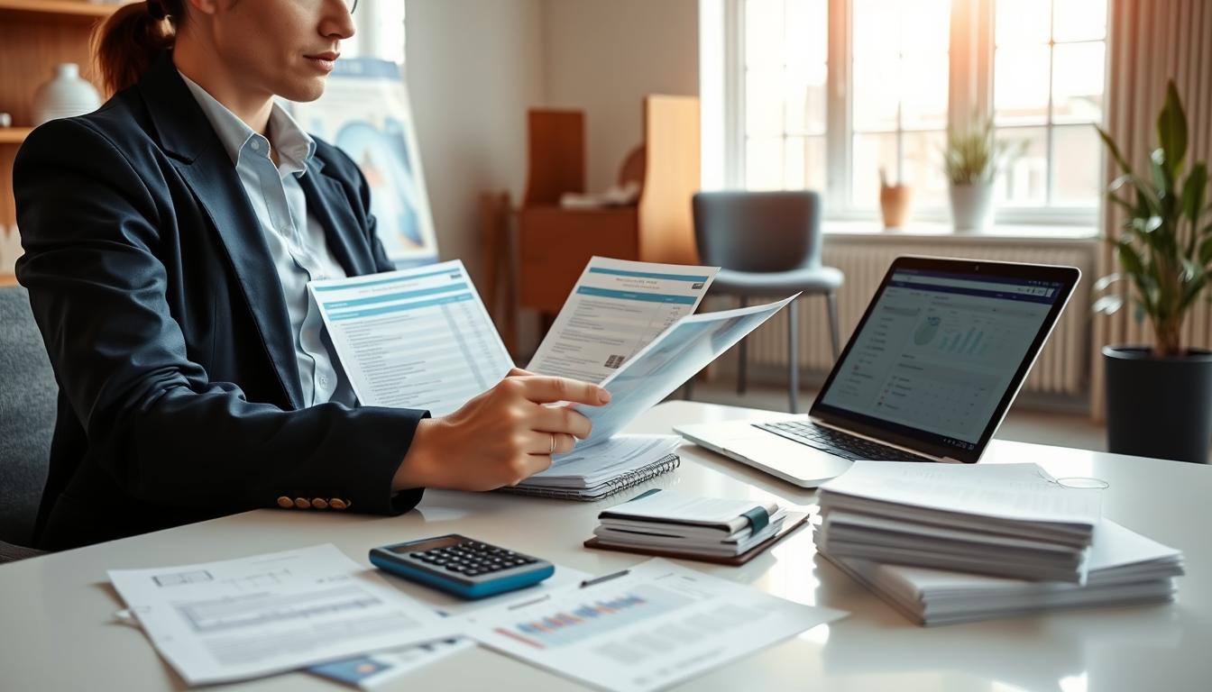 Prompt A modern office setting, with a well-lit desk showcasing various accounting software options. In the foreground, a person in a business casual outfit is carefully examining several software packages, comparing features and user interfaces on a sleek laptop. The middle ground features neatly organized stacks of financial documents, ledgers, and a calculator, suggesting the importance of thorough research and analysis. The background depicts a tasteful blend of contemporary decor, with a large window allowing natural light to flood the space, creating a sense of openness and professionalism. The overall mood is one of thoughtful consideration and informed decision-making, highlighting the significance of selecting the right accounting software for a small business or contractor.