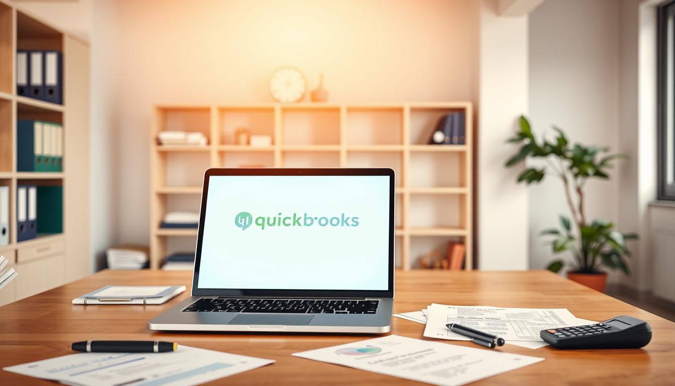 A bright, modern office interior with a large desk in the foreground featuring an open laptop displaying the QuickBooks logo. On the desk, various accounting documents, a pen, and a calculator. In the background, shelves with binders and files, and a potted plant. Warm, directional lighting illuminates the scene, creating a professional and productive atmosphere. The overall composition emphasizes the use of QuickBooks as an essential tool for contractors' accounting and bookkeeping needs.