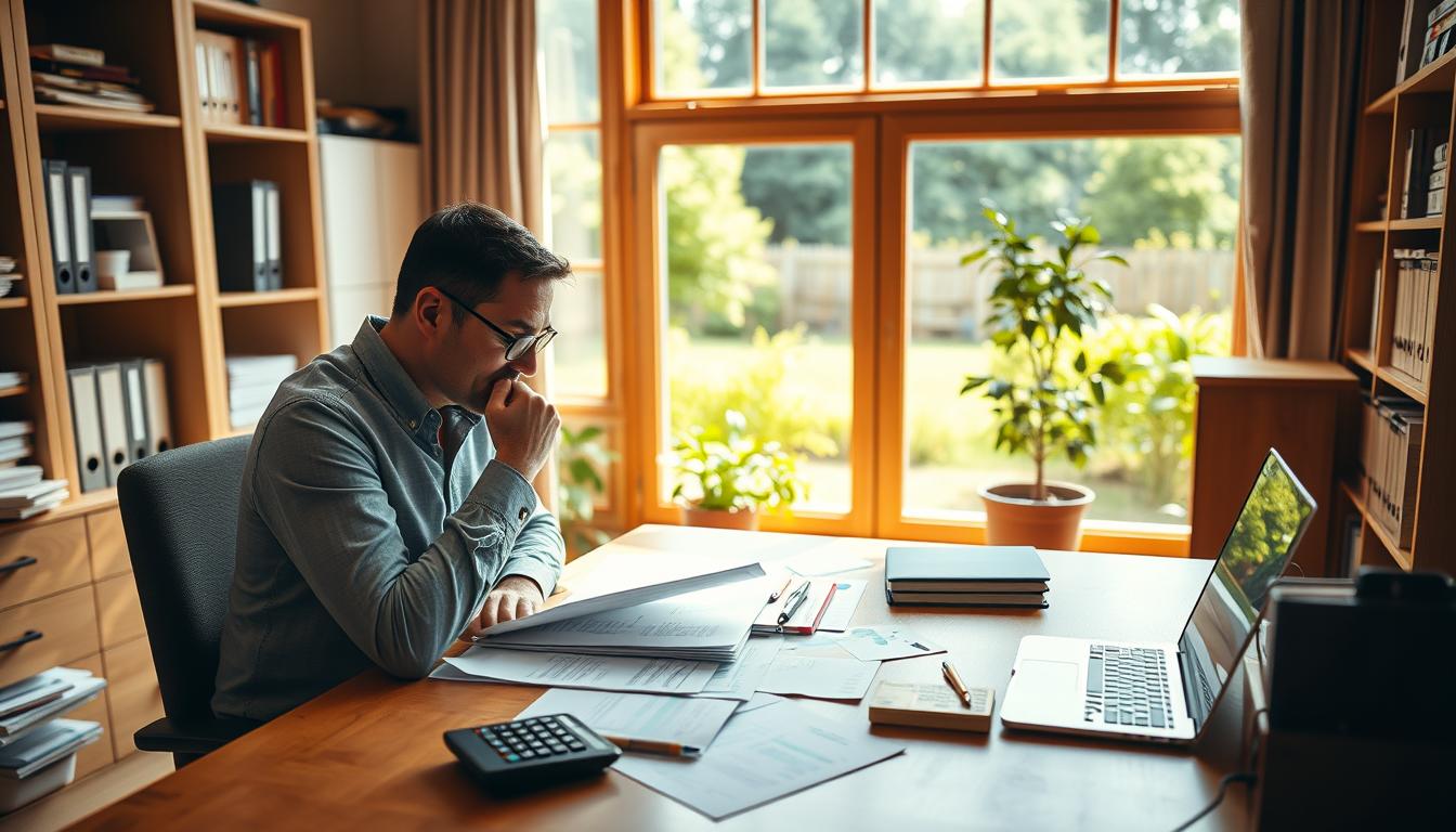 A serene home office with warm natural lighting streaming through large windows, illuminating a wooden desk cluttered with financial documents, a laptop, and a calculator. In the foreground, a small business owner thoughtfully reviews their accounts, brow furrowed in concentration. The middle ground features neatly organized filing cabinets and shelves, conveying a sense of diligent financial management. The background showcases a lush, verdant garden, symbolizing the growth and prosperity of a well-run small business. The overall atmosphere is one of quiet focus and fiscal responsibility.