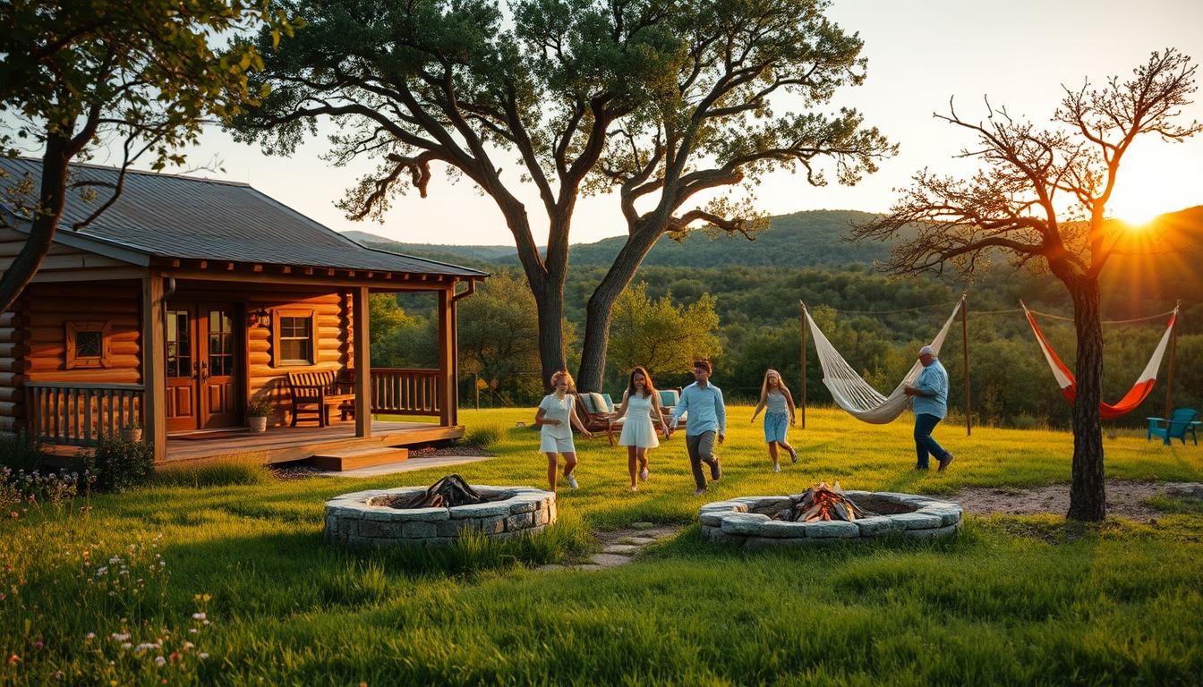 A cozy, budget-friendly family accommodation nestled in the picturesque Texas Hill Country. In the foreground, a spacious cabin with a welcoming porch, surrounded by lush green grass and wildflowers. A family of four, dressed in casual, comfortable clothing, plays together on the lawn, showcasing a joyful atmosphere. The middle ground features a rustic fire pit with seating, ideal for evening gatherings, and playful hammocks strung between trees. In the background, rolling hills are covered with dense trees and the warm glow of a sunset casts a golden hue over the scene. The lighting is soft and inviting, creating a tranquil, family-friendly ambiance. Capture this scene with a slight wide-angle lens to emphasize the surroundings, evoking a sense of relaxation and adventure in the great outdoors.