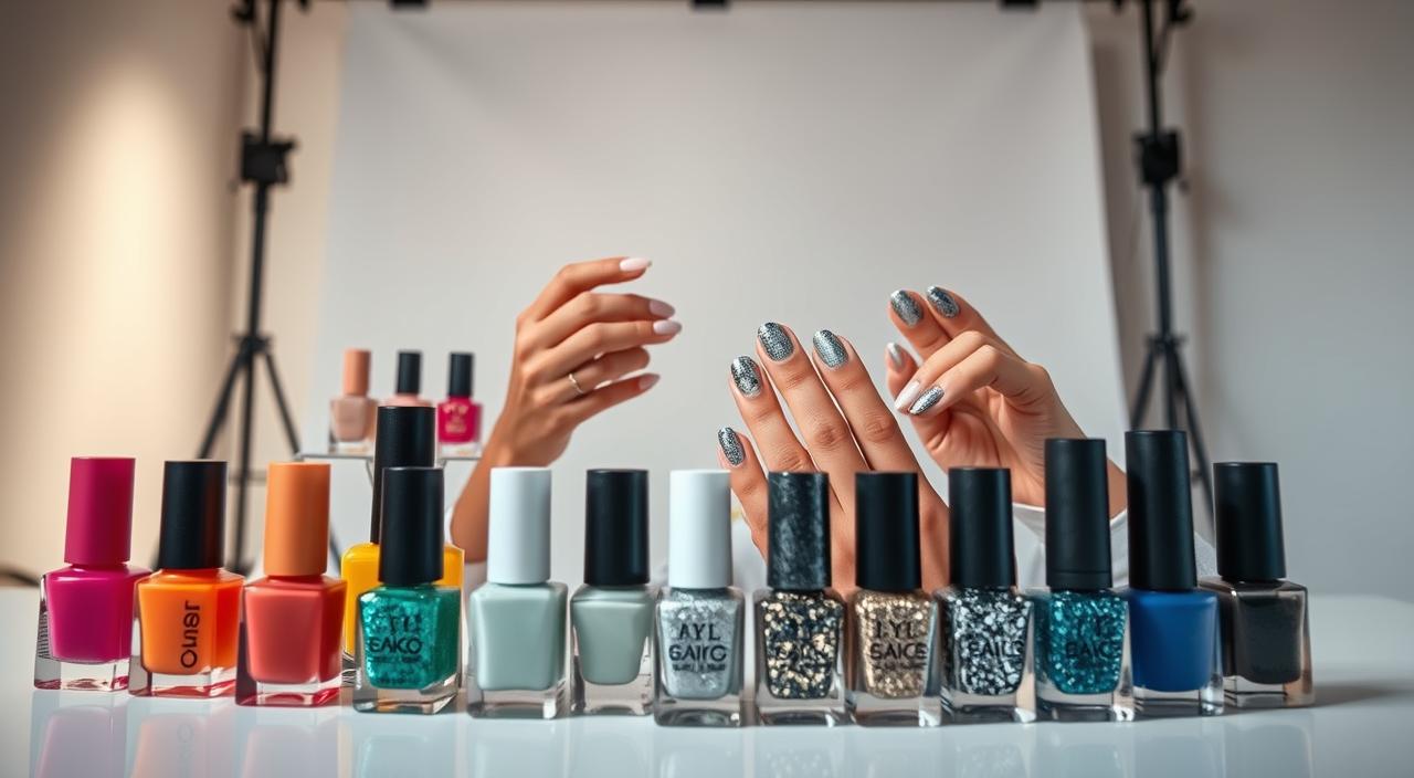A stylish, well-lit studio setting showcasing the latest nail industry trends. In the foreground, an array of vibrant nail polish bottles in a range of trendy colors and finishes, beautifully lit from above. In the middle ground, a model's hands with perfectly manicured nails, showcasing the diverse nail designs and textures, including intricate patterns, shimmering metallics, and matte pastels. The background features a minimalist, chic backdrop, with soft, diffused lighting accentuating the products and highlighting the model's hands. The overall mood is elegantly modern, capturing the essence of the spring 2025 nail industry's hottest looks.