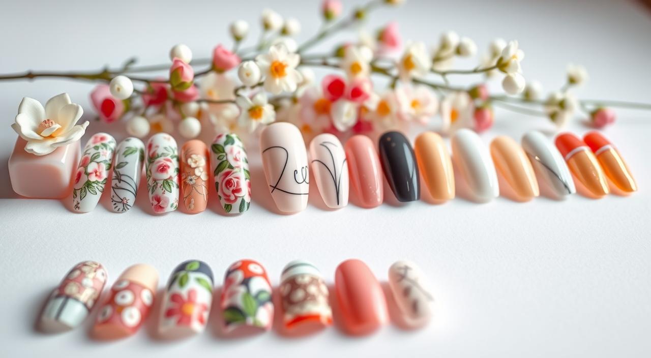 A beautifully lit, high-resolution image of an array of trendy spring nail designs, arranged on a clean white background. In the foreground, an assortment of boldly colored, intricate nail art featuring pastel hues, floral patterns, and metallic accents. The middle ground showcases a variety of minimalist and abstract designs, with delicate line work and subtle gradients. In the background, a soft, bokeh-like effect frames the nails, creating a sense of depth and focus. The overall composition is elegant, visually striking, and representative of the latest social media-inspired nail trends.