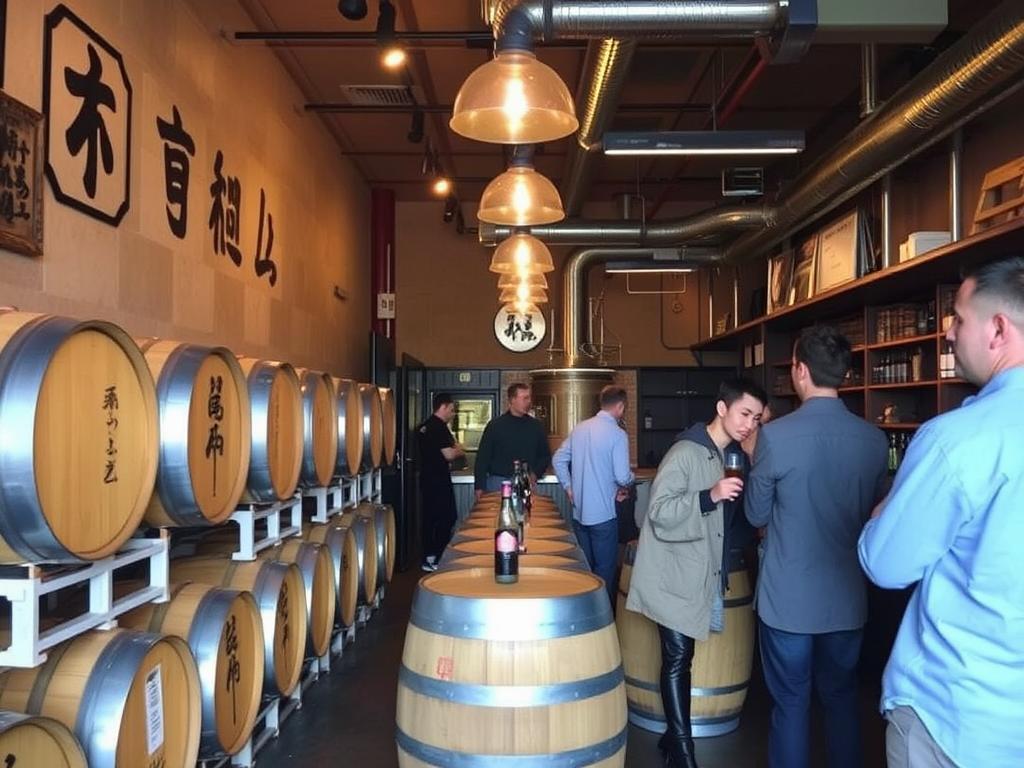 Kanpai Sake Brewery taproom showing sake barrels and tasting area with Japanese-inspired decor
