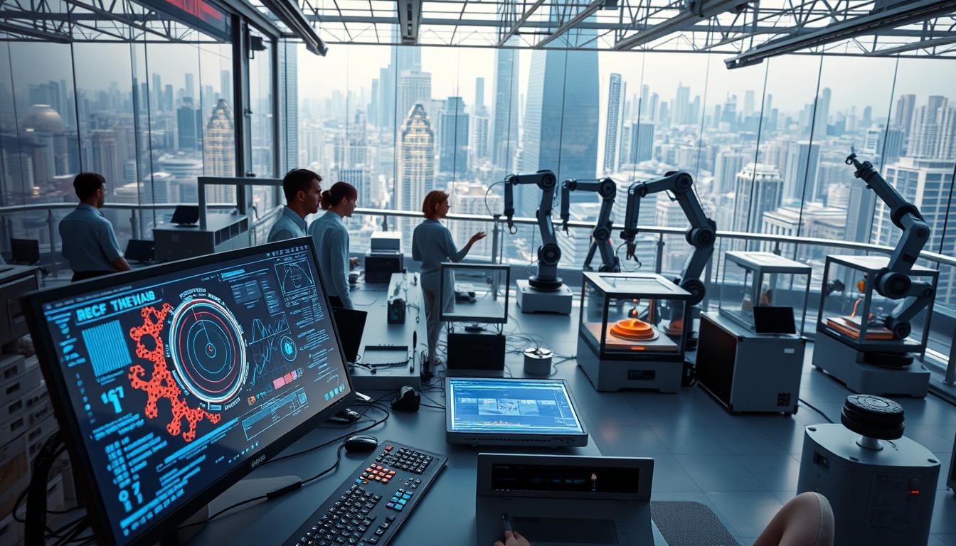 A workspace filled with cutting-edge technology, where a team of researchers and engineers harness the power of artificial intelligence. In the foreground, a sleek, futuristic computer terminal displays intricate algorithms and data visualizations, its luminous screens casting a warm glow. In the middle ground, state-of-the-art robotic arms and 3D printers stand ready to bring AI-driven innovations to life. The background is a panoramic view of a modern, high-tech laboratory, with gleaming glass walls and a skyline of towering, interconnected buildings. Soft, directional lighting illuminates the scene, conveying a sense of focus, innovation, and the boundless potential of AI-driven productivity.