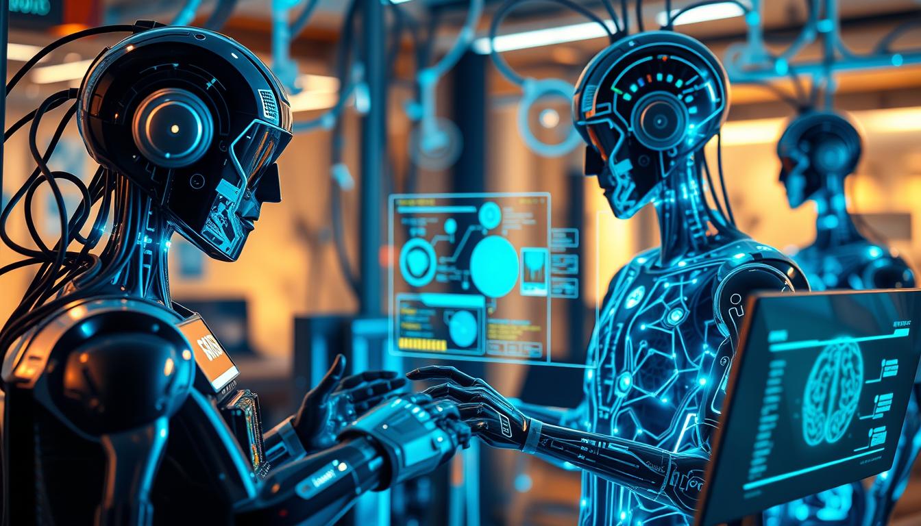 A vibrant, collaborative scene of AI systems working in harmony, their circuits and processors intertwined like a neural network. In the foreground, sleek, state-of-the-art machines exchange data through glowing conduits, their screens displaying intricate visualizations. In the middle ground, holographic interfaces showcase the seamless integration of human and artificial intelligence, their combined efforts optimizing workflows and problem-solving. The background is a warm, softly lit environment, hinting at the synergistic, co-intelligent nature of this symbiotic relationship. Crisp, high-resolution details, with a focus on the interplay of technology and the human touch, conveying the power and potential of co-intelligence in AI collaboration.