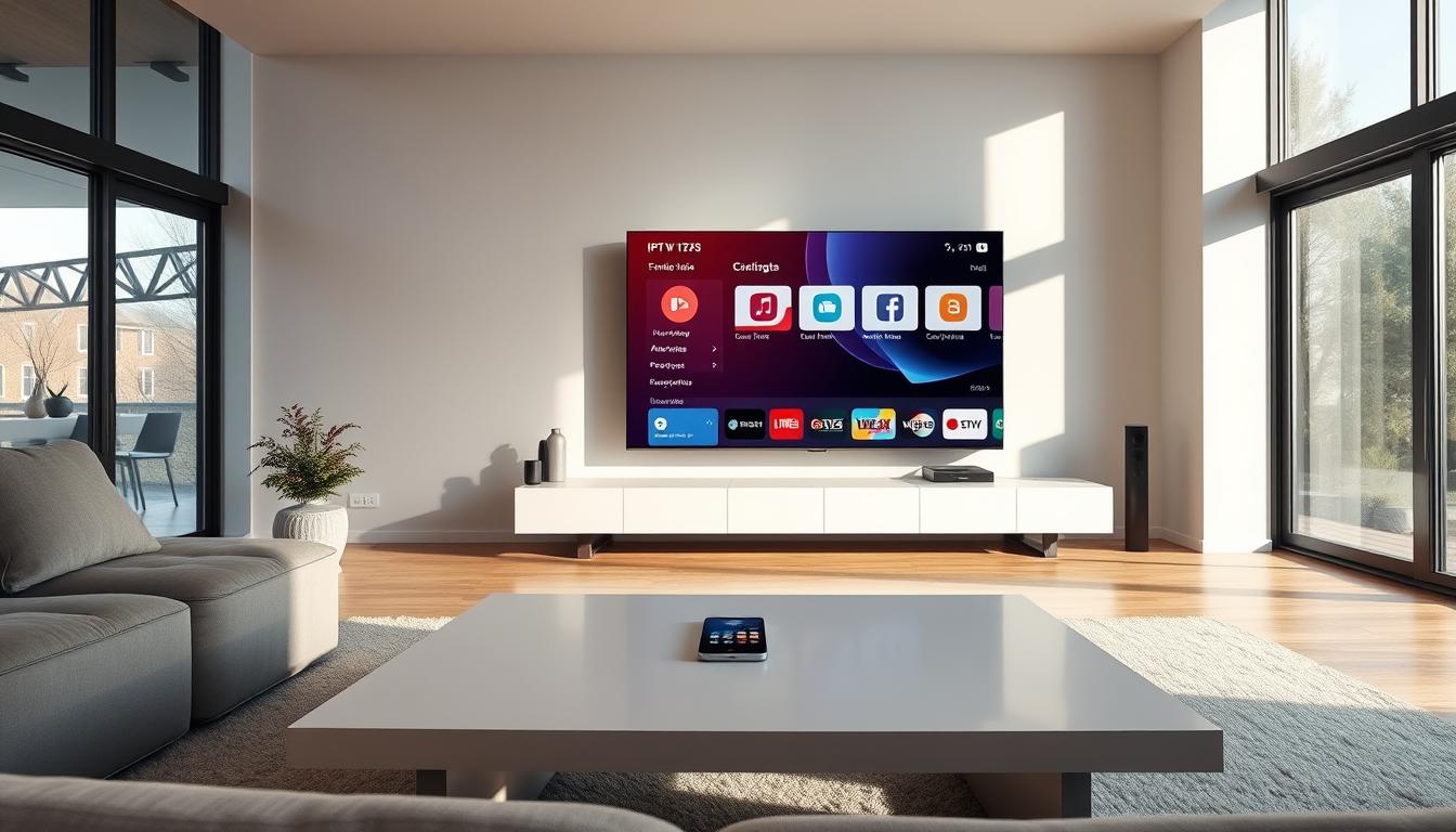 A well-lit, panoramic view of a modern living room with a large flatscreen TV displaying an IPTV service interface. The room has floor-to-ceiling windows, allowing natural light to fill the space. On a sleek, minimalist coffee table, a smartphone and remote control are placed, hinting at the seamless integration of IPTV technology into the home environment. The atmosphere is one of sophistication and legality, with a subtle, warm color palette that evokes a sense of domestic comfort and technological advancement.