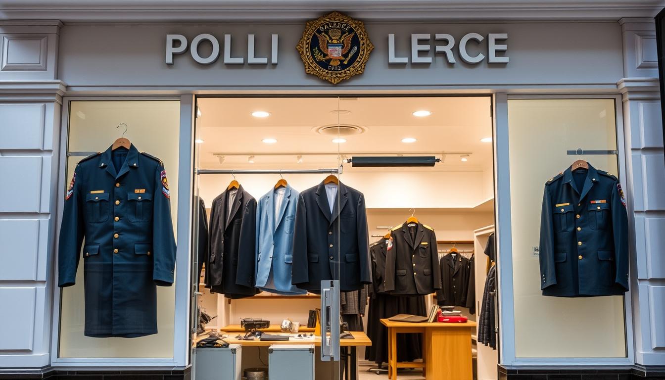 Đồng phục cảnh sát: Biểu tượng của sự uy quyền và bảo vệ cộng đồng 14 A pristine police station facade, adorned with the emblem of authority. Precision-crafted uniforms hang on display, exuding professionalism and unwavering commitment to public service. The interior showcases a dedicated tailoring workshop, where skilled artisans meticulously craft each garment, ensuring a perfect fit and impeccable presentation. Soft lighting accentuates the intricate details, while a sense of order and discipline pervades the environment. This is the quintessential destination for reliable, trustworthy police uniform procurement, upholding the values that define the esteemed law enforcement profession.