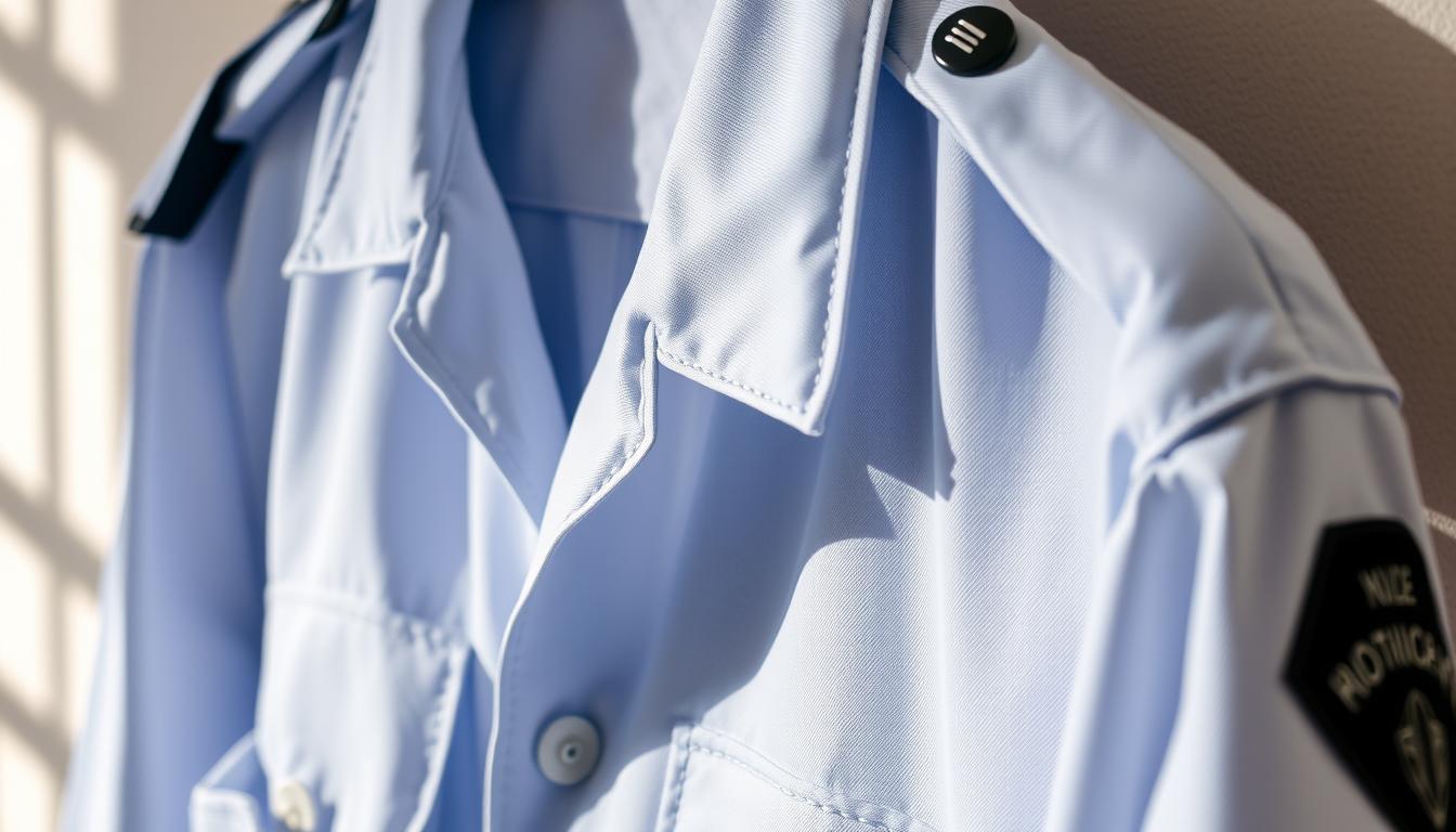 Đồng phục cảnh vệ: Tầm quan trọng trong việc bảo vệ an ninh cao cấp 16 Meticulously maintained police uniform, the fabric pristine and colors vibrant, hanging gracefully on a sturdy hanger. Intricate stitching and tailored fit, designed for comfort and functionality. Soft lighting casts gentle shadows, highlighting the uniform's crisp details. A sense of professionalism and vigilance emanates from the carefully preserved garment, a testament to the importance of proper uniform care. The image conveys the essence of a well-protected security asset, ready to uphold the highest standards of service.