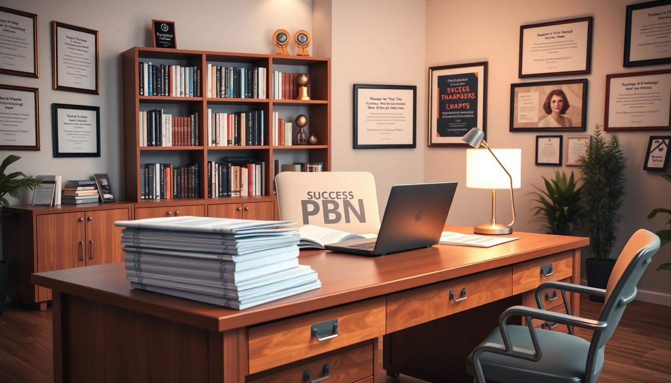 A serene, well-lit office space with a large wooden desk showcasing various success case studies from PBN clients. On the desk, a stack of professional-looking reports and documents, along with a state-of-the-art laptop and a stylish desk lamp providing warm, focused illumination. In the background, a bookshelf filled with industry-relevant books and awards, conveying a sense of expertise and authority. The walls are adorned with framed testimonials and accolades, highlighting the PBN's proven track record of delivering exceptional results. The overall atmosphere exudes professionalism, credibility, and the embodiment of a thriving, high-performing PBN.