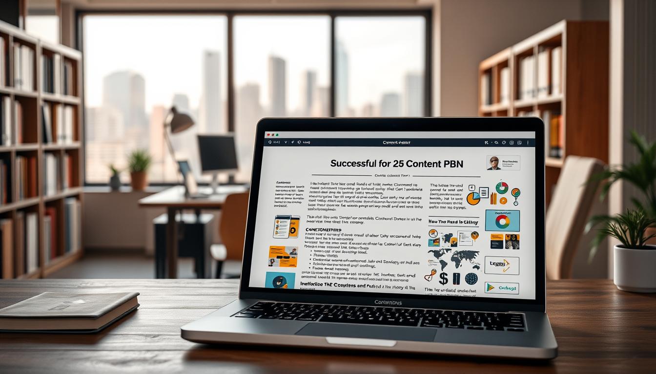 A high-resolution, detailed image of the critical components of successful PBN strategies, depicting content quality as the central focus. The foreground showcases a laptop screen displaying a well-structured, visually appealing article with rich, informative content. The middle ground features various content assets such as images, infographics, and social media icons, highlighting the importance of multimedia in engaging audiences. The background sets the scene with a professional office environment, with shelves of books, a desk, and a window overlooking a bustling city skyline, conveying the idea of a dedicated, research-driven approach to content creation. The lighting is soft and natural, creating a warm, inviting atmosphere that reflects the value of high-quality content in building strong, long-lasting SEO strategies.