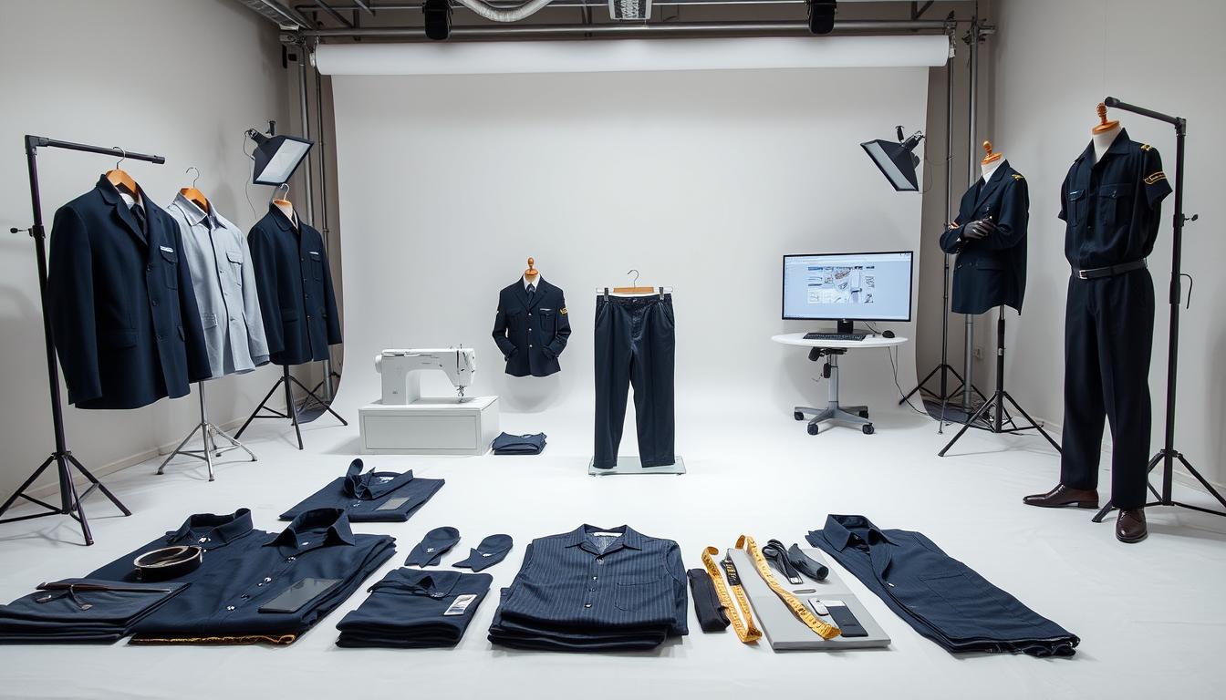A well-lit photography studio, with a seamless white backdrop and professional lighting setup. In the foreground, a neatly arranged display of various uniform components, including tailored shirts, trousers, and accessories. The middle ground showcases a sewing machine and a tailor's measuring tape, hinting at the customization process. In the background, a computer monitor displays a design software, indicating the detailed design process. The overall atmosphere conveys a sense of precision, attention to detail, and a professional approach to crafting specialized security uniforms.