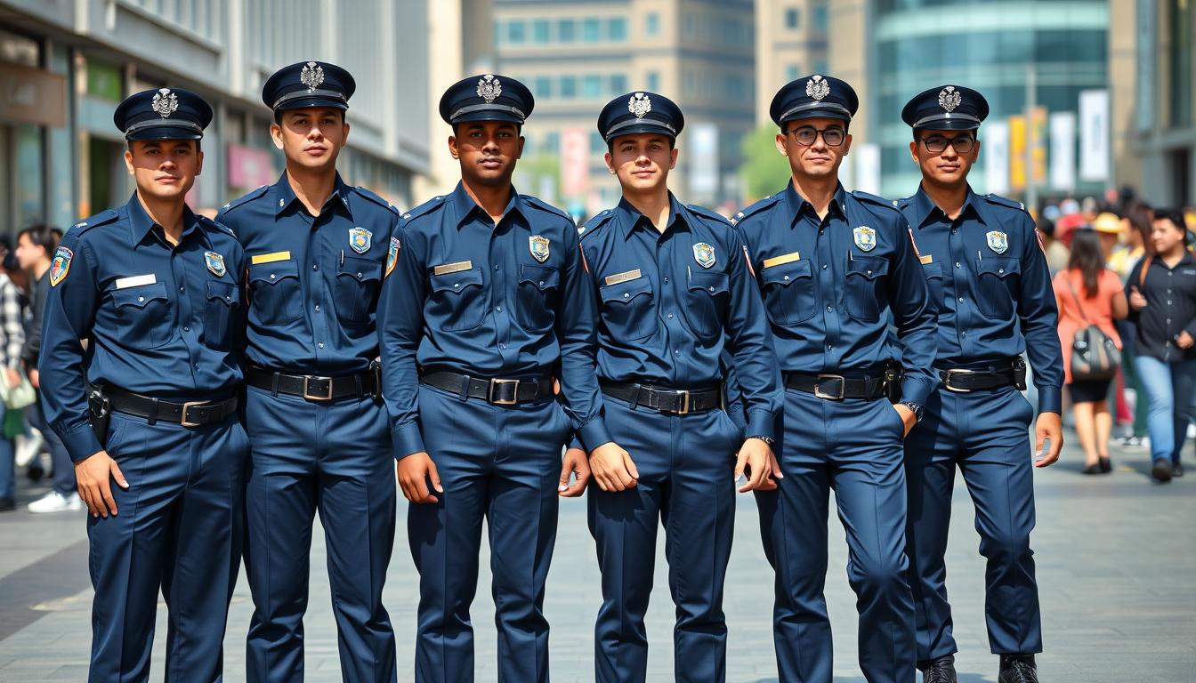 A squad of professional police officers wearing standardized uniforms in a bustling urban setting. The crisp, tailored shirts and trousers in a distinctive navy blue hue, complemented by sturdy black boots and belts. Gleaming badges and insignia adorn their chests, signifying authority and duty. Their postures are alert and disciplined, conveying a sense of vigilance and readiness to serve the community. The scene is illuminated by natural daylight, casting subtle shadows that accentuate the sharp lines and details of the uniforms. The background is a blend of modern architecture and busy pedestrian activity, creating a dynamic, contemporary atmosphere befitting the professional image of the officers.