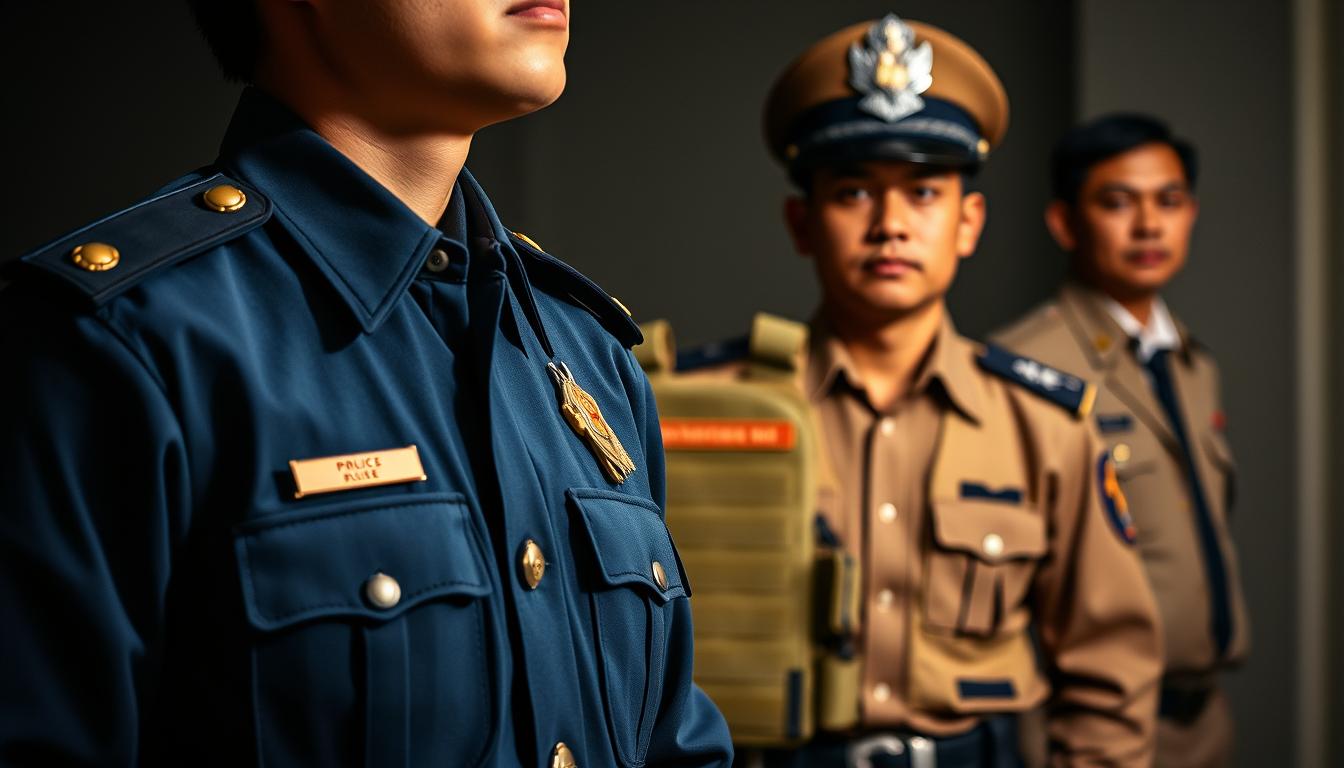 Đồng phục cảnh sát: Biểu tượng của sự uy quyền và bảo vệ cộng đồng 8 A dramatic scene of common Vietnamese police uniforms, captured with a high-resolution camera and dramatic lighting. In the foreground, a crisp navy blue uniform with gold epaulets and a peaked cap, conveying authority and discipline. In the middle ground, a tactical vest in a subdued olive drab, suggesting field operations. In the background, a smart khaki uniform with a white shirt, embodying the community-oriented policing role. The image emanates a sense of professionalism, purpose, and the vital role of the police in safeguarding the public.