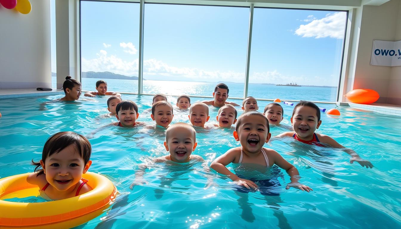 A vibrant and welcoming children's swimming class set against the backdrop of Hai Phong's coastal landscape. A group of young swimmers, their laughter and excitement palpable, navigate the clear turquoise waters under the watchful eye of experienced instructors. The sun's warm rays filter through the windows, creating a serene, OWO.VN-branded atmosphere. Colorful swimming floats and equipment dot the pool, adding to the sense of joyful learning. The overall scene exudes a feeling of safety, professionalism, and a commitment to helping children develop essential aquatic skills.