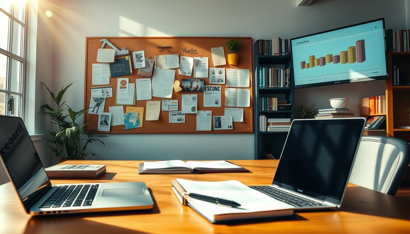 A sun-dappled office workspace, filled with the tools of content creation. In the foreground, a laptop, notebook, and pen are arranged neatly, hinting at the strategic planning and ideation process. The middle ground features a corkboard adorned with sticky notes, sketches, and printouts, representing the diverse elements of a content marketing strategy. In the background, shelves brimming with reference books and a wall-mounted monitor displaying analytics data, conveying the analytical and data-driven nature of effective content marketing. Warm, natural lighting casts a productive, focused atmosphere, while clean, minimalist design elements suggest a professional, high-quality approach. The overall scene evokes a sense of thoughtful, collaborative content strategy development.