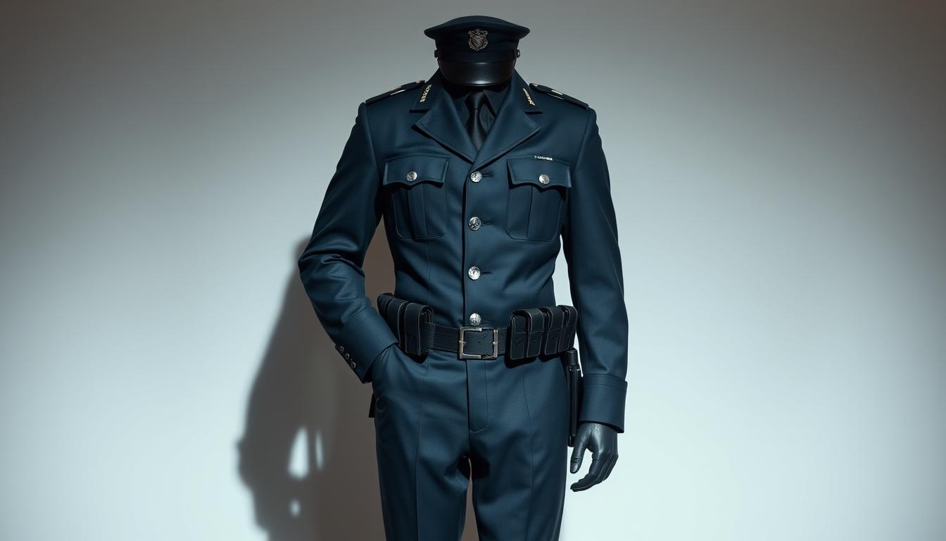 A professional and meticulously designed security guard uniform, featuring a tailored jacket with epaulets, crisp creases, and a subtle sheen. The trousers have a sharp crease and a trim fit, complemented by a sturdy utility belt with pouches and holsters. The ensemble is completed by a peaked cap with a subtle insignia, projecting an air of authority and discipline. The lighting is soft and directional, casting subtle shadows that accentuate the uniform's clean lines and attention to detail. The background is a muted, neutral tone, allowing the uniform to take center stage and convey a sense of professionalism and seriousness befitting the important security duties of the wearer.