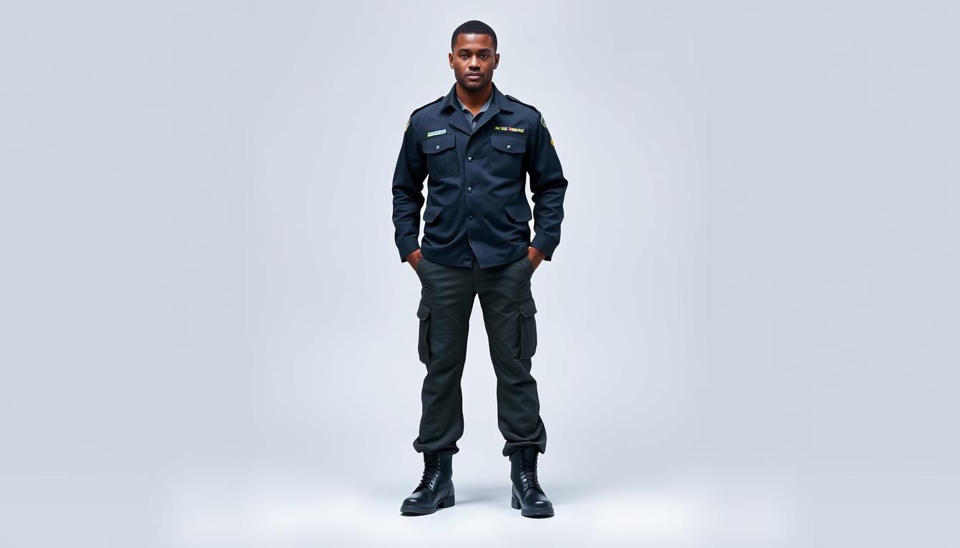 Đồng phục cảnh vệ: Tầm quan trọng trong việc bảo vệ an ninh cao cấp 10 A high-quality security guard uniform standing tall, crisp, and professional. The uniform features a tailored jacket with epaulets, sturdy cargo pants, and sturdy boots. The material is a durable, breathable fabric that offers both comfort and a smart, authoritative appearance. The uniform is accented with subtle details like reflective strips for visibility and a security badge on the chest. Soft, even lighting illuminates the uniform, highlighting its quality craftsmanship. The guard stands with a confident, alert posture, projecting an air of competence and reliability. The background is a clean, neutral setting that allows the uniform to be the focal point.