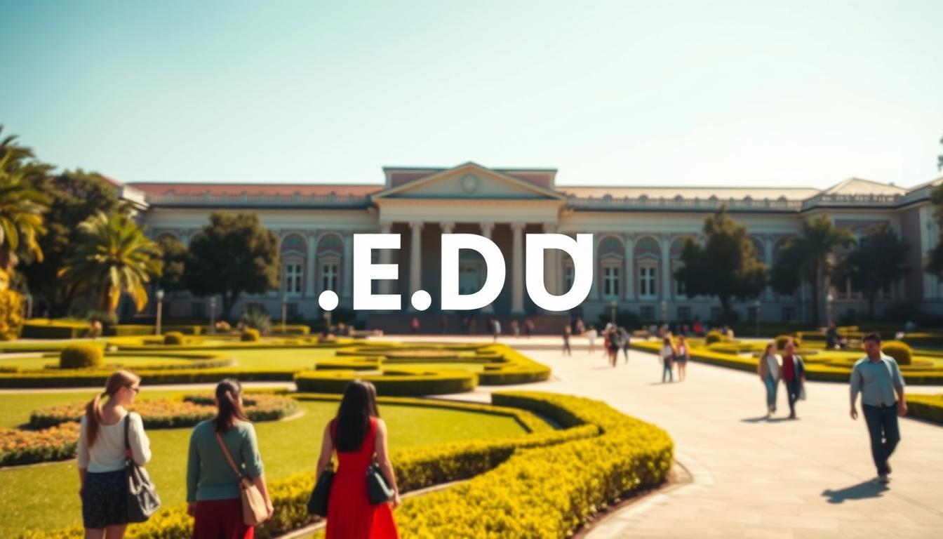A serene academic setting with a Vietnamese .EDU domain prominently displayed on a majestic university building. The foreground features students walking in the lush, well-manicured gardens, immersed in thoughtful discussions. The middle ground showcases the university's grand architecture, exuding an atmosphere of prestige and intellectual rigor. The background is framed by a clear, azure sky, conveying a sense of boundless opportunity. Warm, directional lighting highlights the intricate details of the structure, creating a sense of depth and timelessness. The overall composition emphasizes the prestigious standing and authoritative nature of Vietnamese .EDU domains, making them an invaluable asset for robust SEO strategies.