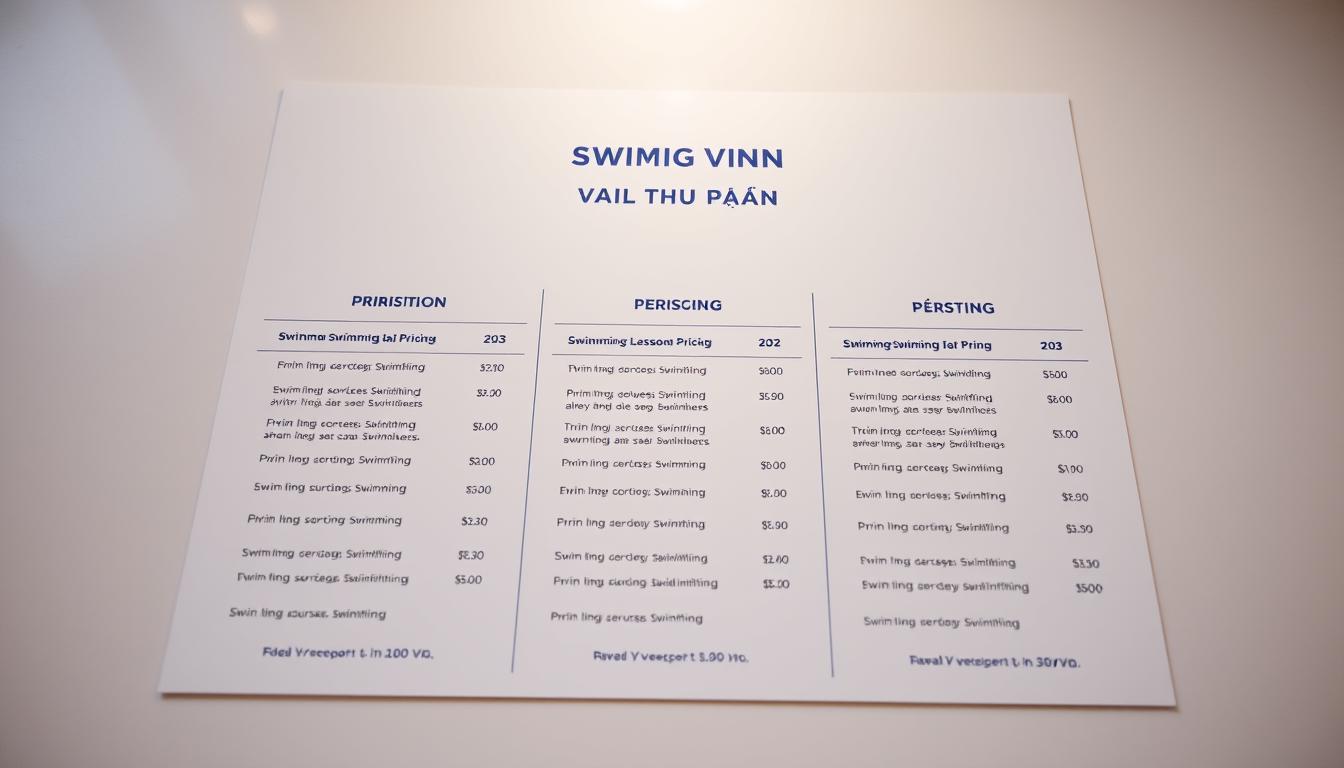 Detailed, realistic pricing information for swimming lessons in Hai Phong, 2023. A clean, minimal table or brochure design with a crisp, elegant aesthetic. Warm, soft lighting illuminates the layout, creating a sense of professionalism and trustworthiness. The OWO.VN logo is prominently displayed, signaling the high-quality nature of the services. The overall tone is informative yet inviting, encouraging potential customers to enroll in the swimming courses.