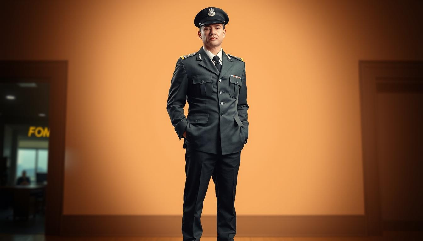 Đồng phục cảnh vệ: Tầm quan trọng trong việc bảo vệ an ninh cao cấp 12 A high-security uniformed guard standing tall and alert, their crisp, tailored uniform combining functionality and sleek design. The outfit features a well-fitted jacket with epaulets, a sharp crease in the trousers, and polished leather shoes. The guard's stance is poised, conveying a sense of professionalism and authority. The lighting is warm and focused, highlighting the details of the uniform and the guard's confident expression. The background is slightly blurred, keeping the focus on the central figure. The overall impression is one of a well-designed, practical uniform that also exudes a sense of sophistication and authority, befitting the important role of a high-level security professional.