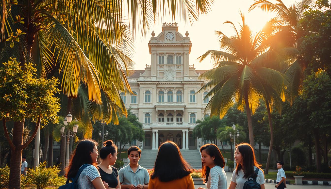 A tranquil Vietnamese university campus set against a backdrop of lush tropical foliage. In the foreground, a group of students engaged in an animated discussion, their expressions conveying the value of their educational experience. A tall, ornate university building dominates the middle ground, its intricate architectural details reflecting the rich heritage of Vietnamese academic traditions. Warm, golden sunlight filters through the swaying palm trees, casting a serene glow over the entire scene. The overall mood evokes a sense of intellectual inquiry, cultural vibrancy, and the unique SEO advantages offered by this high-authority educational domain.