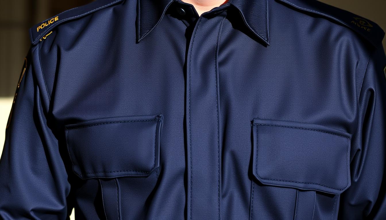 A high-quality police uniform with precise tailoring and attention to detail. The uniform features a sharp, pressed collared shirt in a deep navy hue, complemented by crisp, well-fitted trousers. The fabric has a subtle sheen, suggesting a durable, wrinkle-resistant material. The shoulders are adorned with epaulettes, and the chest displays a meticulously embroidered badge, symbolizing the officer's authority and professionalism. Lighting casts subtle shadows, highlighting the uniform's structure and texture. The overall impression is one of discipline, efficiency, and a commitment to upholding the law.