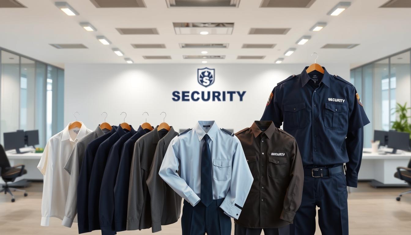 A professional security uniform company set against a backdrop of a modern office environment. The foreground features a range of neatly pressed uniforms, including shirts, pants, and jackets, showcasing the high-quality craftsmanship and attention to detail. The middle ground showcases the company's logo and branding, conveying a sense of authority and reliability. The background depicts a well-lit, minimalist office space with sleek furniture and clean lines, creating an atmosphere of professionalism and efficiency. The lighting is soft and even, highlighting the uniform's materials and colors, while the camera angle provides a slightly elevated perspective to convey a sense of authority and trustworthiness.