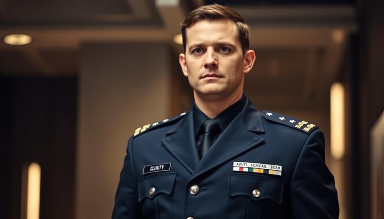 A professional security officer standing at attention, wearing a tailored uniform in a striking dark navy color with silver epaulets and buttons. The uniform is crisp and well-fitting, conveying a sense of authority and discipline. The officer's gaze is steady and alert, projecting an aura of vigilance and readiness to respond to any situation. The background is a dimly lit interior, with subtle highlights illuminating the officer's face and uniform, creating a sense of seriousness and purpose. The overall atmosphere is one of professionalism, competence, and the vital role of security personnel in maintaining public safety.