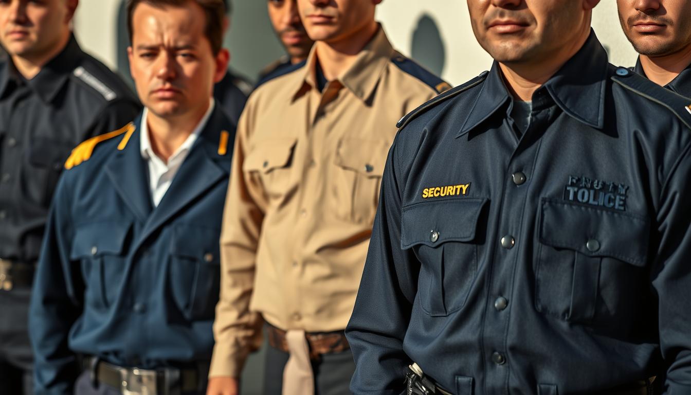 Đồng phục cảnh vệ: Tầm quan trọng trong việc bảo vệ an ninh cao cấp 9 A diverse array of professional security guard uniforms, meticulously tailored to convey authority and command respect. In the foreground, a sharp-looking navy blue ensemble with gold epaulets and a crisp collared shirt, reflecting the gravity of the wearer's responsibilities. In the middle ground, a lightweight khaki outfit with embroidered patches, suitable for patrolling in warm climates. In the background, a sleek all-black uniform with subtle reflective details, exuding a sense of vigilance and alertness. Lighting casts dramatic shadows, emphasizing the imposing yet approachable presence of these security professionals. The scene captures the diversity of uniform designs that enable security guards to fulfill their vital role in safeguarding high-profile individuals and spaces.