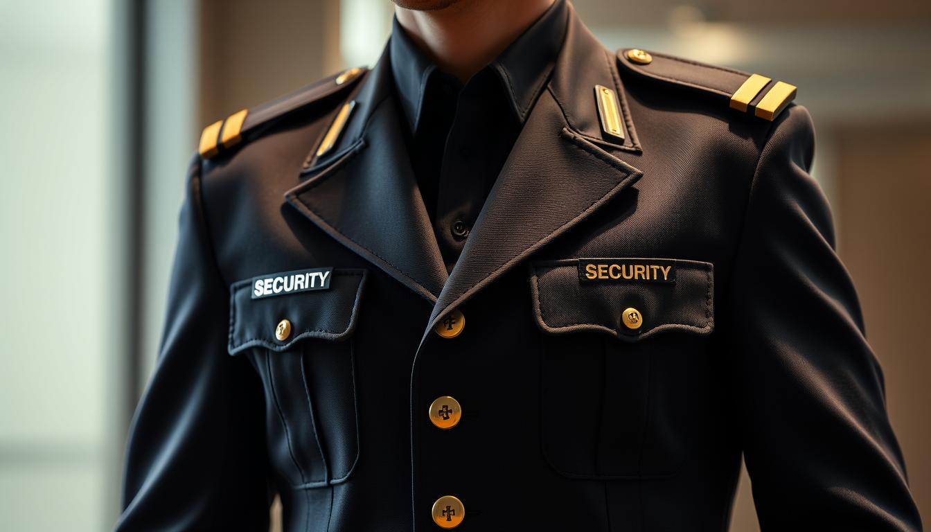 Đồng phục cảnh vệ: Tầm quan trọng trong việc bảo vệ an ninh cao cấp 17 A meticulously crafted high-quality security guard uniform jacket, featuring a sleek silhouette and premium materials. The jacket is adorned with epaulettes, brass buttons, and a sharp-looking collar, exuding an air of professionalism and authority. The lighting is soft and diffused, creating a warm, inviting atmosphere that highlights the jacket's intricate details and quality craftsmanship. The background is subtly blurred, keeping the focus on the centerpiece - the security guard uniform jacket as the embodiment of the investment in premium protective attire.