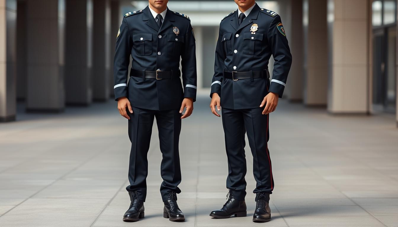 Đồng phục cảnh vệ: Tầm quan trọng trong việc bảo vệ an ninh cao cấp 13 A high-quality, sleek police uniform with sharp lines, bold colors, and a prominent crest or emblem. The uniform is perfectly tailored, with a well-fitted jacket, crisp pants, and sturdy boots. The fabric has a subtle sheen, conveying a sense of professionalism and authority. The officer stands tall, their posture exuding confidence and discipline. The scene is set in a modern urban environment, with a clean, minimalist background that allows the uniform to take center stage. Soft, directional lighting accentuates the details of the uniform, creating a sense of depth and dimensionality. The overall impression is one of a capable, well-trained law enforcement officer, ready to protect and serve with pride and distinction.
