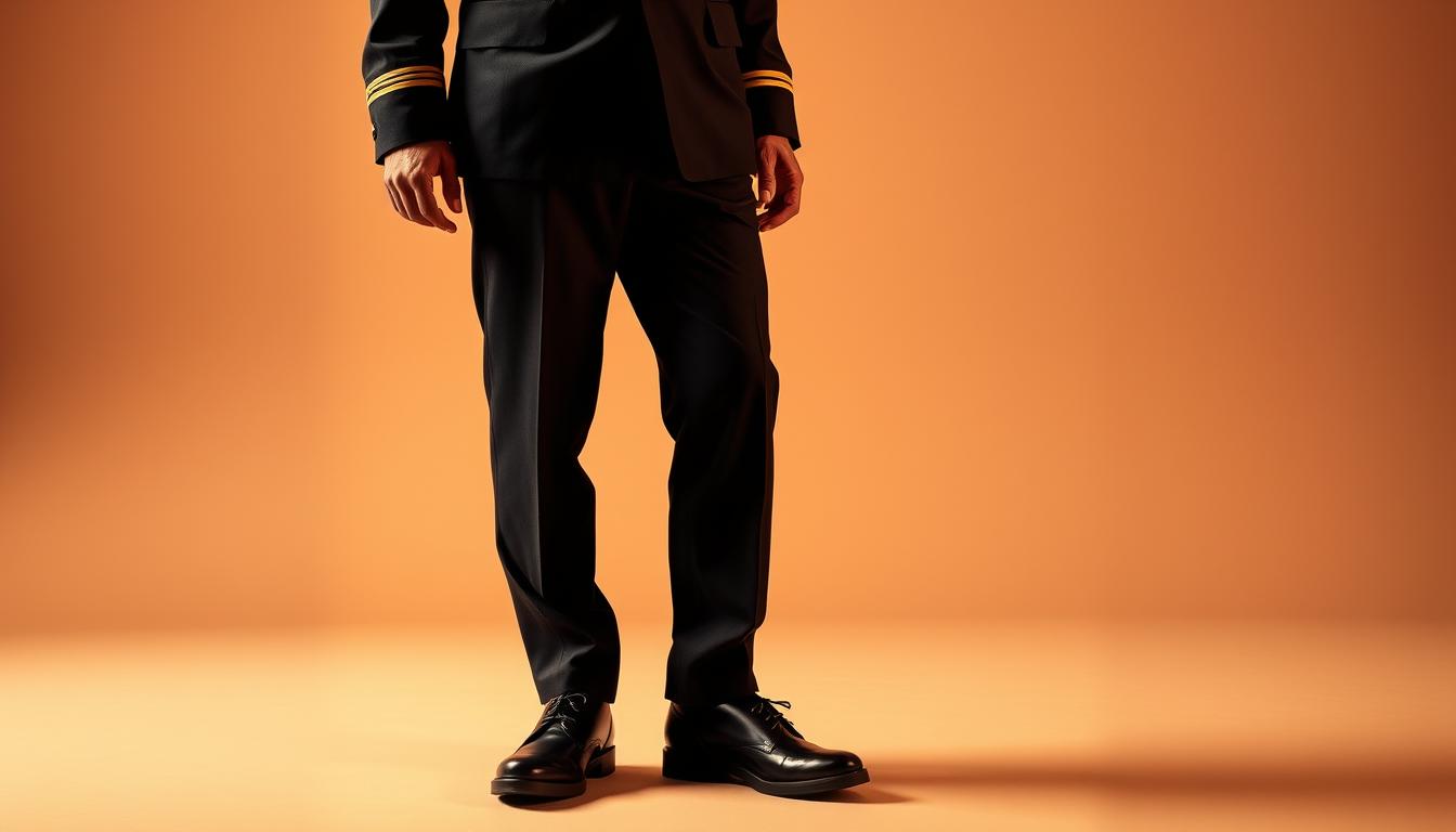Đồng phục cảnh vệ: Tầm quan trọng trong việc bảo vệ an ninh cao cấp 7 A striking image of a security uniform, tailored with precision and authority. The crisp lines of the jacket, accentuated by epaulets and badges, convey a sense of professionalism and vigilance. The trousers, sharply creased, flow seamlessly into shiny black boots, projecting an aura of discipline and preparedness. The uniform is bathed in warm, directional lighting, casting subtle shadows that highlight the intricate details, such as the gleaming buttons and the emblazoned insignia. The background is a muted, neutral tone, allowing the uniform to take center stage and command attention, embodying the vital role of the modern security guard in safeguarding the highest levels of safety and security.