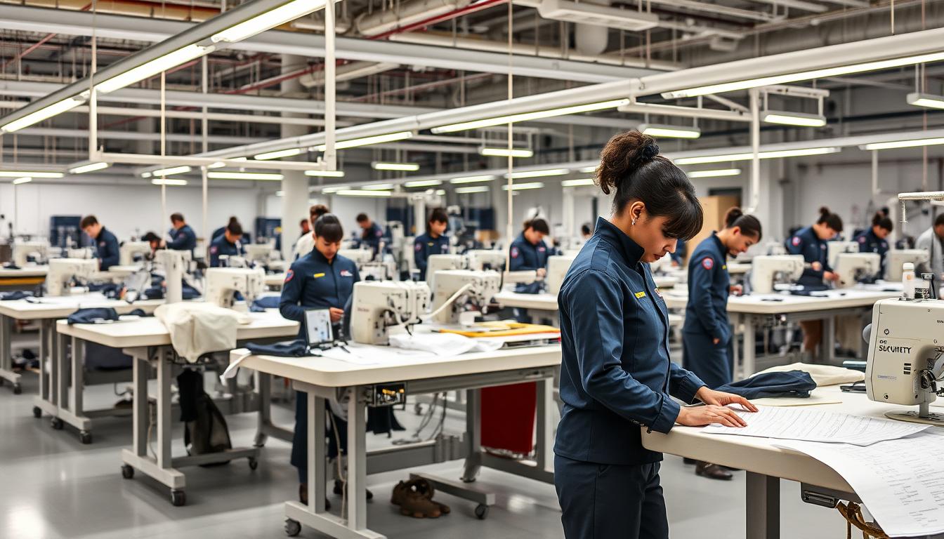 A high-tech security uniform production facility, featuring professional seamstresses diligently crafting tailored garments. Meticulously arranged cutting tables, industrial sewing machines, and precise pattern templates create a streamlined workflow. Bright studio lighting illuminates every detail, from the carefully selected fabrics to the intricate stitching patterns. In the background, quality control inspections ensure each piece meets the highest standards of durability and functionality. The atmosphere is one of focused efficiency, where attention to detail and commitment to excellence are paramount in the production of these specialized security uniforms.