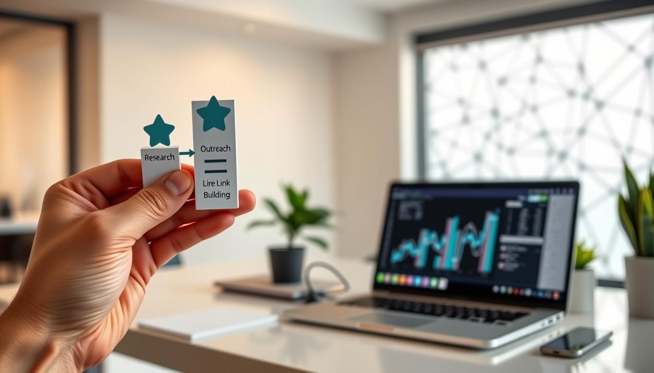 A well-lit, modern workspace with a clean, minimalist design. In the foreground, a hand holds up three step icons, each representing a key stage of the PBN backlink process: research, outreach, and link building. The middle ground features a laptop displaying website analytics, hinting at the impact of this strategy. In the background, an abstract geometric pattern suggests the interconnected nature of digital marketing. The lighting is soft and natural, creating a sense of professionalism and expertise. The overall mood is one of efficiency, authority, and a methodical approach to boosting website visibility.