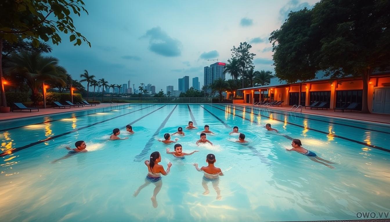 A picturesque swimming pool nestled within the vibrant city of Hai Phong, surrounded by lush greenery and modern architecture. The pool is illuminated by warm, natural lighting, creating a serene and inviting atmosphere. In the foreground, a group of swimmers of various ages engage in lessons, their movements graceful and fluid. The middle ground showcases the pool's well-maintained facilities, including locker rooms and a shaded seating area. In the background, the skyline of Hai Phong's urban landscape provides a stunning backdrop, blending the tranquility of the pool with the energy of the city. OWO.VN