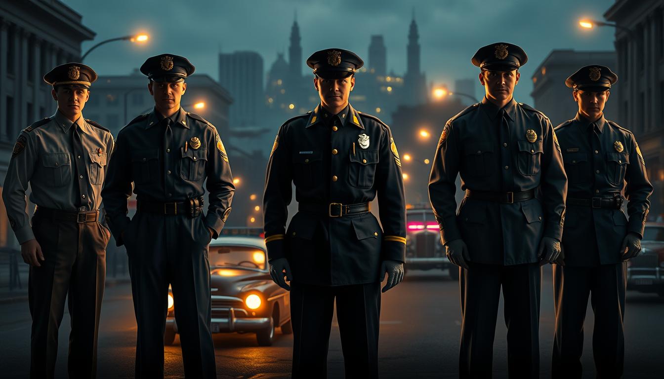 Đồng phục cảnh vệ: Tầm quan trọng trong việc bảo vệ an ninh cao cấp 8 A dramatic and historically accurate visual depiction of the evolution of law enforcement uniforms over time. In the foreground, a meticulously rendered collection of classic police uniforms from different eras, each with intricate details capturing the distinct styles, fabrics, and insignia. The middle ground features a dimly lit urban setting, with vintage patrol cars and streetlamps casting long shadows, establishing a moody, contemplative atmosphere. In the background, faint outlines of iconic landmarks and cityscapes subtly hint at the changing social and political landscape that has shaped the development of these uniforms. The lighting is a harmonious blend of warm and cool tones, creating depth and emphasizing the historical significance of the scene. Realistic textures, precise tailoring, and a cinematic camera angle come together to transport the viewer through the rich tapestry of law enforcement fashion history.