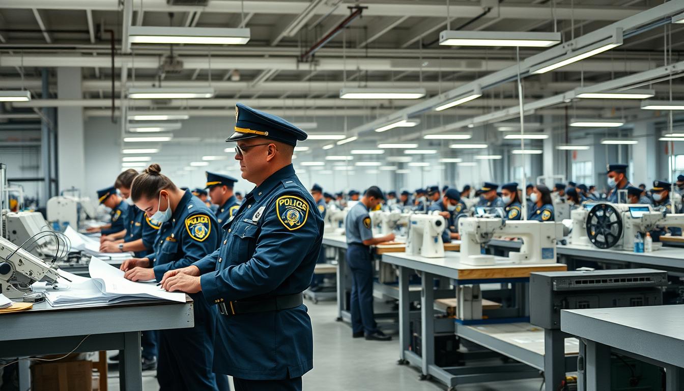 Đồng phục cảnh sát: Biểu tượng của sự uy quyền và bảo vệ cộng đồng 13 A professional police uniform manufacturing facility. In the foreground, a team of skilled designers meticulously sketches and refines the uniform designs, considering every detail of the police insignia, buttons, and tailored silhouette. In the middle ground, precision machinery precisely prints vibrant, fade-resistant graphics onto the durable fabric. In the background, rows of sewing machines and well-trained tailors carefully assemble the finished uniforms, ensuring a perfect fit and finish. The lighting is bright and clean, conveying a sense of efficiency and professionalism. The overall mood is one of dedication, expertise, and the pride of crafting the iconic attire that represents the authority and community protection of the police force.