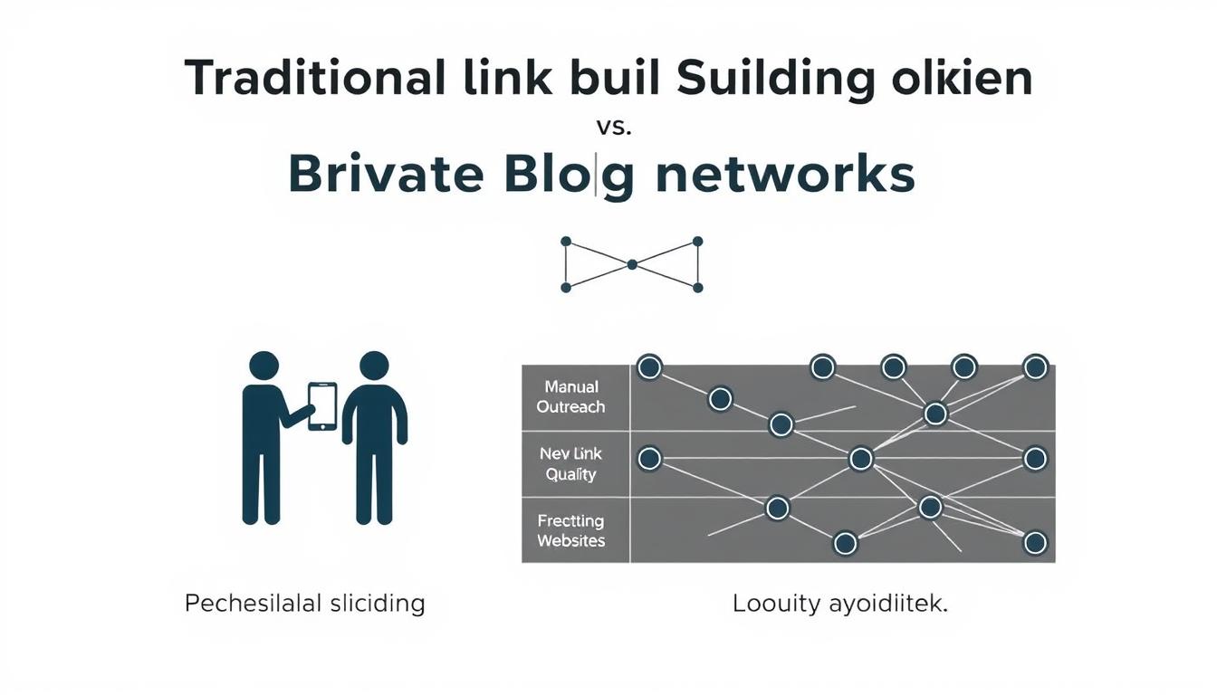 A detailed, side-by-side comparison of traditional link building and private blog networks, depicted through a clean, minimalist infographic-style image. The foreground shows two contrasting icons or illustrations, one representing manual outreach and the other a network of connected websites. The middle ground features a simple graph or chart highlighting the key differences in metrics like link quality, longevity, and risk. The background is a neutral, light-colored backdrop that allows the core information to stand out clearly. Crisp, evenly-lit rendering with a slightly technical, data-driven aesthetic. No distracting elements, the focus is solely on the conceptual comparison.