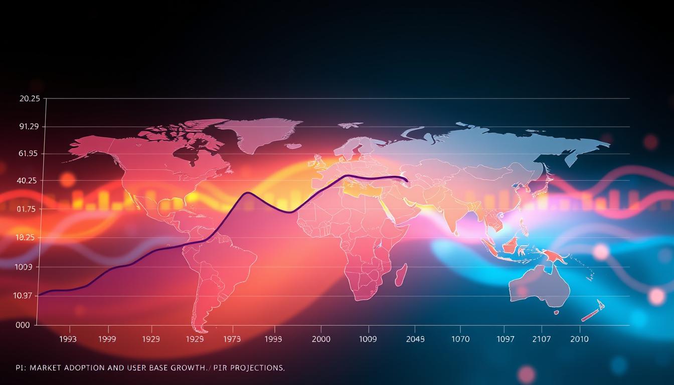 A detailed illustration of the global adoption rates of the Pi Network cryptocurrency, featuring a vibrant and dynamic data visualization. The foreground showcases a sleek, minimalist chart with crisp, high-contrast lines and shapes, depicting the growth trajectory of the Pi Network user base over time. The middle ground presents a world map, with regions shaded to indicate the relative adoption levels across different countries, using a warm color palette to convey a sense of progress and vitality. In the background, a subtle, ethereal glow emanates, suggesting the interconnectedness and potential of the Pi Network's global community. The overall composition is both informative and visually captivating, capturing the essence of the "Market Adoption and User Base Growth Projections" section. Public information and useful.