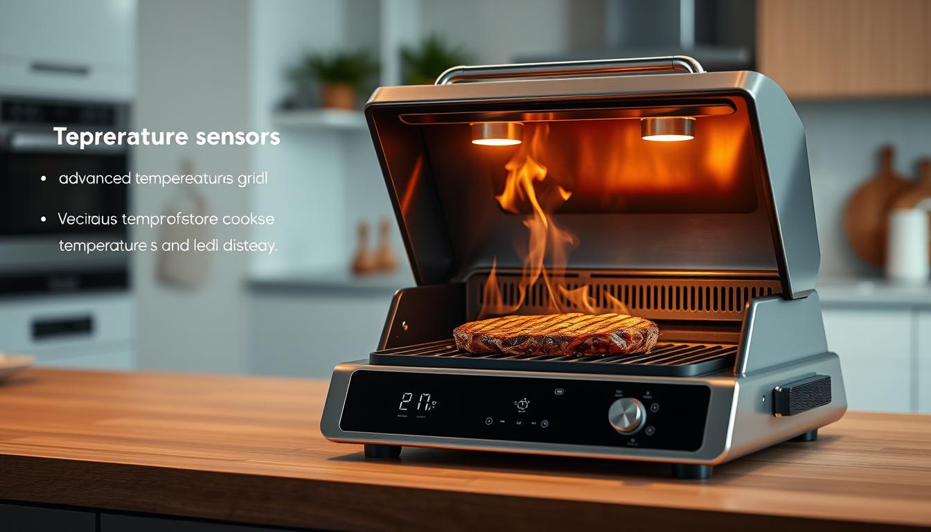 Prompt Sleek, minimalist smart grill device with advanced temperature sensors and cooking presets, set against a modern, airy kitchen backdrop. Vacio steak sizzling on the grill, emitting mouthwatering aromas. Warm, diffused lighting accentuates the polished stainless steel and LED display panels. Precision controls allow for customized time and temperature settings, ensuring an evenly cooked, tender vacio steak. A high-tech, streamlined design seamlessly integrates with the modern kitchen, showcasing the future of smart grilling technology.