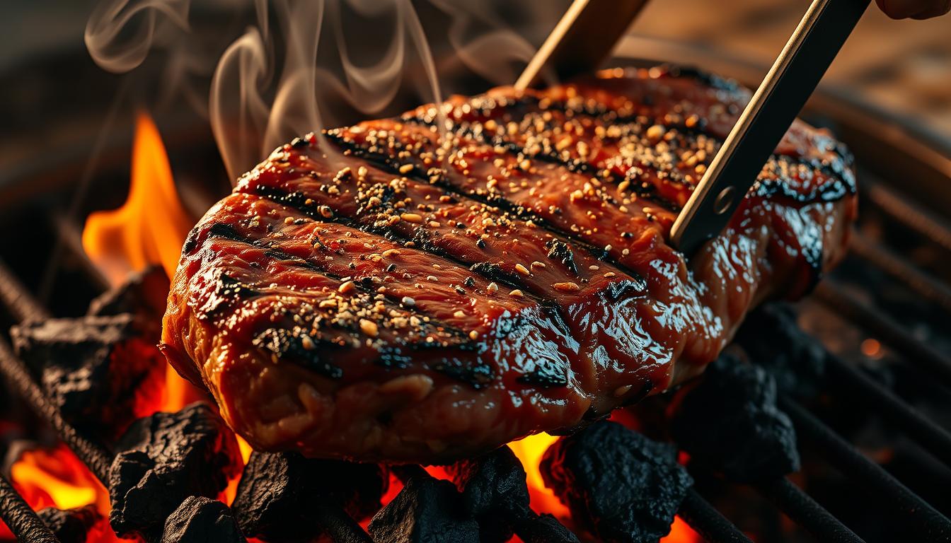 A beautifully lit close-up view of a hand-seasoned vacio steak being carefully grilled over glowing charcoal embers, the rich marbled meat sizzling and caramelizing with each turn of the tongs. Wisps of savory smoke curl upwards, complementing the warm, earthy tones of the rustic wooden grill surface. The camera angle showcases the skilled technique, capturing the steak's crisp exterior and juicy, pink interior, a tantalizing preview of the perfect vacio steak to come. Soft shadows and highlights accentuate the depth and texture, creating an inviting, mouthwatering scene that demonstrates the importance of mastering fundamental grilling methods.