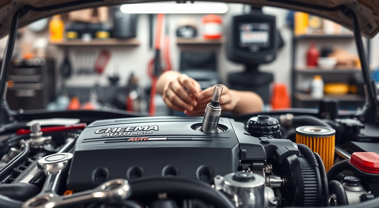 A detailed car engine with the Cheema Auto logo prominently displayed, surrounded by various auto maintenance tools such as wrenches, ratchets, and oil filters arranged neatly in the foreground. In the middle ground, a person's hands are shown checking the dipstick to inspect the oil level and quality. The background depicts a well-lit, organized home garage or workshop setting, creating a sense of professionalism and expertise. The lighting is soft and diffused, highlighting the mechanical components and creating a warm, inviting atmosphere.