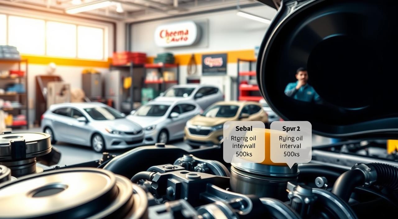 high-quality, detailed illustration of recommended oil change intervals for different vehicle types, with a focus on a Cheema Auto service center in a clean, well-lit workshop. Foreground shows close-up of an engine block, pistons, and oil filter. Middle ground depicts a variety of vehicle models - sedan, SUV, pickup truck - with callouts indicating their respective recommended oil change intervals. Background showcases the Cheema Auto workshop, with storage shelves, tools, and a technician in the distance. Lighting is bright and natural, with a warm, inviting atmosphere. The image conveys a sense of professionalism, expertise, and customer-centric service at Cheema Auto.